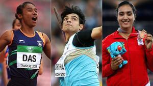 (L-R): Hima Das, Neeraj Chopra and Navjeet Dhillon(Getty Images) (L-R): Hima Das, Neeraj Chopra and Navjeet Dhillon(Getty Images)