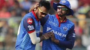 Delhi Capitals' Axar Patel, left, celebrates with captain Shreyas Iyer.(AP) Delhi Capitals' Axar Patel, left, celebrates with captain Shreyas Iyer.(AP)