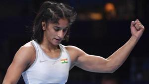 Vinesh Phogat of India reacts as she won the bronze match of the women's 53kg category against Maria Prevolaraki of Greece during the Wrestling World Championships in Nur-Sultan, Kazakhstan, Wednesday, Sept. 18, 2019.(AP) Vinesh Phogat of India reacts as she won the bronze match of the women's 53kg category against Maria Prevolaraki of Greece during the Wrestling World Championships in Nur-Sultan, Kazakhstan, Wednesday, Sept. 18, 2019.(AP)