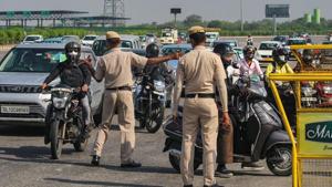 Traffic congestion at the Delhi-Gurugram border near Ambience Mall as Haryana Police screened every commuter before allowing passage into the city, on the first day of Covid-19 lockdown 5.0, in Gurugram, Monday, June 1, 2020.(PTI photo)
