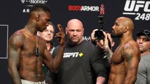 UFC middleweight champion Israel Adesanya, left, of Nigeria, and challenger Yoel Romero, of Cuba, face off during a ceremonial weigh-in for UFC 248 at T-Mobile Arena in Las Vegas.(AP) UFC middleweight champion Israel Adesanya, left, of Nigeria, and challenger Yoel Romero, of Cuba, face off during a ceremonial weigh-in for UFC 248 at T-Mobile Arena in Las Vegas.(AP)