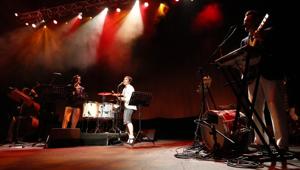 Portuguese artists Bruno Nogueira, center left, and Manuela Azevedo perform on stage at the Campo Pequeno bullring in Lisbon, Monday, June 1, 2020. Portugal is allowing concert halls to reopen from Monday as the government eases the coronavirus lockdown rules.(AP) Portuguese artists Bruno Nogueira, center left, and Manuela Azevedo perform on stage at the Campo Pequeno bullring in Lisbon, Monday, June 1, 2020. Portugal is allowing concert halls to reopen from Monday as the government eases the coronavirus lockdown rules.(AP)