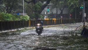 A scooterist moves on a road where a tree fell during rains and strong winds triggered by Cyclone Nisarga in Mumbai.(PTI) A scooterist moves on a road where a tree fell during rains and strong winds triggered by Cyclone Nisarga in Mumbai.(PTI)