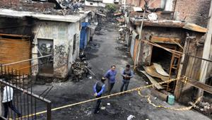 Burnt shop seen after recent violence, at Tyre market, Gokulpuri, in North East Delhi, India on Saturday, March 7, 2020.(Sonu Mehta/HT PHOTO) Burnt shop seen after recent violence, at Tyre market, Gokulpuri, in North East Delhi, India on Saturday, March 7, 2020.(Sonu Mehta/HT PHOTO)