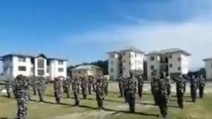 In the video, a group of men dressed in combat uniform standing in a row in an open field are seen taking oath in Hindi by raising hands to boycott Chinese products. (Videograb) In the video, a group of men dressed in combat uniform standing in a row in an open field are seen taking oath in Hindi by raising hands to boycott Chinese products. (Videograb)
