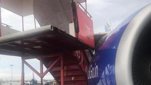 The ladder rammed into the wing (a portion between the engine and the winglet) of the IndiGo aircraft damaging the engine’s cowling.(HT Photo) The ladder rammed into the wing (a portion between the engine and the winglet) of the IndiGo aircraft damaging the engine’s cowling.(HT Photo)