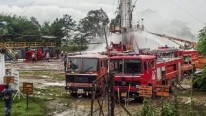 Fire tenders at Baghjan Oil Field in Tinsukia on Wednesday, May 27, 2020.(PTI photo) Fire tenders at Baghjan Oil Field in Tinsukia on Wednesday, May 27, 2020.(PTI photo)