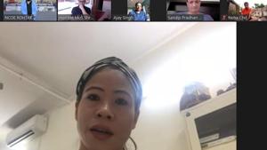 Mary Kom, Kiren Rijiju, Ajay Singh during the online ‘Athletes Coaching and Education programme’. Mary Kom, Kiren Rijiju, Ajay Singh during the online ‘Athletes Coaching and Education programme’.