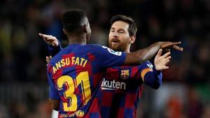 Messi celebrates with Ansu Fati(Reuters) Messi celebrates with Ansu Fati(Reuters)