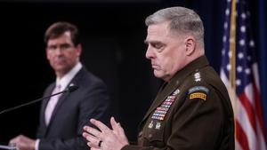 US Joint Chiefs Chairman Army Gen. Mark Milley addresses a news conference as Defense Secretary Mark Esper listens at the Pentagon in Arlington, Virginia, US.(REUTERS) US Joint Chiefs Chairman Army Gen. Mark Milley addresses a news conference as Defense Secretary Mark Esper listens at the Pentagon in Arlington, Virginia, US.(REUTERS)