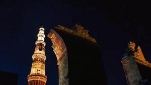 A view of an illuminated Qutub Minar in August 2019. A view of an illuminated Qutub Minar in August 2019.