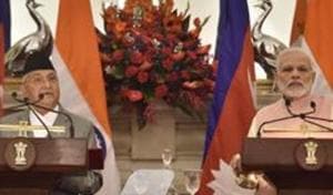 Prime Minister Narendra Modi with his Nepalese counterpart Khadga Prasad Oli, New Delhi, April 7, 2018(Sonu Mehta/HT PHOTO) Prime Minister Narendra Modi with his Nepalese counterpart Khadga Prasad Oli, New Delhi, April 7, 2018(Sonu Mehta/HT PHOTO)