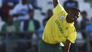 South Africa's Kagiso Rabada bowls during the 3rd and final T20 cricket match between South Africa and Australia at Newlands Cricket stadium in Cape Town, South Africa, Wednesday, Feb. 26, 2020. (AP Photo)(AP)