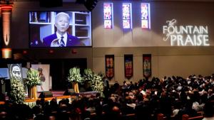 Former Vice President Joe Biden gives a video-taped message during the funeral for George Floyd on Tuesday.(Reuters File Photo) Former Vice President Joe Biden gives a video-taped message during the funeral for George Floyd on Tuesday.(Reuters File Photo)