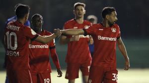 Leverkusen's Karim Bellarabi, right, celebrates after scoring his side's third goal during the German soccer cup, DFB Pokal, semi-final match between 1. FC Saarbruecken and Bayer 04 Leverkusen in Voelklingen, Germany, Tuesday, June 9, 2020.(AP) Leverkusen's Karim Bellarabi, right, celebrates after scoring his side's third goal during the German soccer cup, DFB Pokal, semi-final match between 1. FC Saarbruecken and Bayer 04 Leverkusen in Voelklingen, Germany, Tuesday, June 9, 2020.(AP)