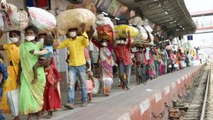 Migrants who arrived from Ghaziabad on a Shramik special train, exit Danapur station, in Patna, Bihar on June 3, 2020.(Santosh Kumar/HT Photo) Migrants who arrived from Ghaziabad on a Shramik special train, exit Danapur station, in Patna, Bihar on June 3, 2020.(Santosh Kumar/HT Photo)