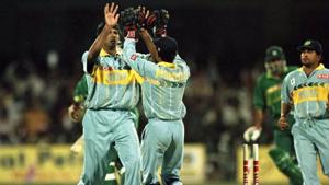 Venkatesh Prasad celebrates after dismissing Aamer Sohail during the 1996 World Cup match between India and Pakistan.(Getty Images) Venkatesh Prasad celebrates after dismissing Aamer Sohail during the 1996 World Cup match between India and Pakistan.(Getty Images)