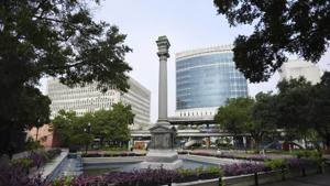 The Confederate Monument that has stood in Jacksonville, Florida's Hemming Park since it was erected in 1898, has been partially dismantled with the Confederate soldier statue that topped off the 62-foot monument and the bronze plaques around the base removed in the early morning hours of Tuesday, June 9, 2020.(AP) The Confederate Monument that has stood in Jacksonville, Florida's Hemming Park since it was erected in 1898, has been partially dismantled with the Confederate soldier statue that topped off the 62-foot monument and the bronze plaques around the base removed in the early morning hours of Tuesday, June 9, 2020.(AP)