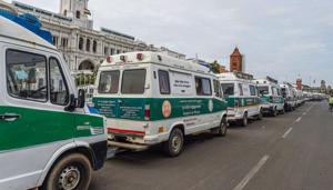Ambulances parked in a queue in front of the Greater Chennai Corporation as number of Covid- 19 cases surge in Chennai on Friday.(PTI File Photo) Ambulances parked in a queue in front of the Greater Chennai Corporation as number of Covid- 19 cases surge in Chennai on Friday.(PTI File Photo)