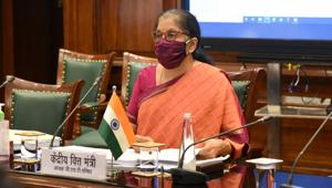 Union finance minister Nirmala Sitharaman chaired the GST Council meeting through video conferencing from her office at North Block in New Delhi on Friday.(PTI File Photo) Union finance minister Nirmala Sitharaman chaired the GST Council meeting through video conferencing from her office at North Block in New Delhi on Friday.(PTI File Photo)