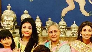 Aishwarya Rai with mother-in-law Jaya Bachchan, daughter Aaradhya and sister-in-law Sweta Bachchan.