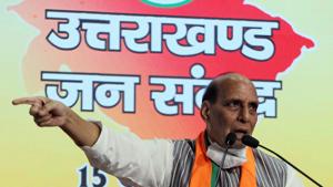 Defence Minister Rajnath Singh addresses the 'Uttarakhand Jan Sanvad' rally via video conference, in New Delhi on Monday.(ANI Photo) Defence Minister Rajnath Singh addresses the 'Uttarakhand Jan Sanvad' rally via video conference, in New Delhi on Monday.(ANI Photo)
