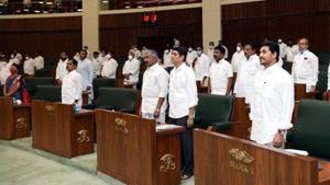 Chief minister YS Jagan Mohan Reddy, some of his cabinet colleagues were seen without the face masks. (Photo @YSRCParty) Chief minister YS Jagan Mohan Reddy, some of his cabinet colleagues were seen without the face masks. (Photo @YSRCParty)
