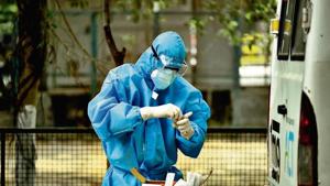 A health worker in a PPE bodysuit handles swab samples collected from police personnel for coronavirus testing in Police Lines, Gurugram.(Photo: Parveen Kumar/ Hindustan Times) A health worker in a PPE bodysuit handles swab samples collected from police personnel for coronavirus testing in Police Lines, Gurugram.(Photo: Parveen Kumar/ Hindustan Times)