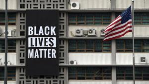 The Black Lives Matter banner was seen as support of worldwide movements honoring George Floyd, a black man who died in handcuffs while a white Minneapolis police officer pressed a knee on his neck.(@USEmbassySeoul/Twitter) The Black Lives Matter banner was seen as support of worldwide movements honoring George Floyd, a black man who died in handcuffs while a white Minneapolis police officer pressed a knee on his neck.(@USEmbassySeoul/Twitter)