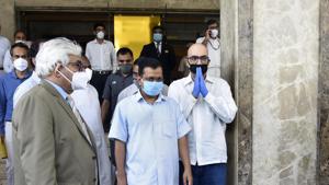 Delhi Chief Minister Arvind Kejriwal during a visit to the Suryaa hotel which is being turned into a makeshift Covid-19 facility and has been attached with the Holy Family Hospital.(Sonu Mehta/HT PHOTO) Delhi Chief Minister Arvind Kejriwal during a visit to the Suryaa hotel which is being turned into a makeshift Covid-19 facility and has been attached with the Holy Family Hospital.(Sonu Mehta/HT PHOTO)