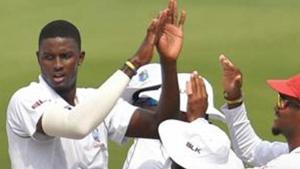Hyderabad: West Indies bowler Jason Holder (C) celebrates.(PTI) Hyderabad: West Indies bowler Jason Holder (C) celebrates.(PTI)