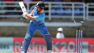 Rishabh Pant is out clean bowled against the West Indies during an ODI last August.(Getty Images) Rishabh Pant is out clean bowled against the West Indies during an ODI last August.(Getty Images)