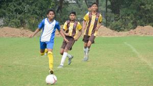 Players of St Vincent's (in yellow) in action against players from JN Petit during the U - 16 Loyola football cup at Loyola School.(Milind Saurkar/HT Photo) Players of St Vincent's (in yellow) in action against players from JN Petit during the U - 16 Loyola football cup at Loyola School.(Milind Saurkar/HT Photo)