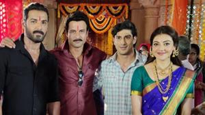 Rohit Roy with Mumbai Saga co-stars John Abraham, Prateik Babbar and Kajal Aggarwal. Rohit Roy with Mumbai Saga co-stars John Abraham, Prateik Babbar and Kajal Aggarwal.