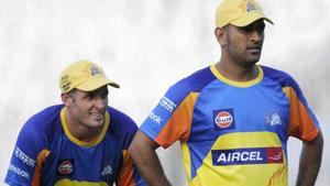 Michael Hussey and MS Dhoni during training.(PTI Image) Michael Hussey and MS Dhoni during training.(PTI Image)