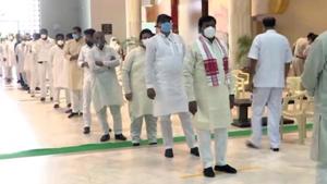 Legislators stand in queue to cast their vote for the Rajya Sabha polls amid the coronavirus pandemic. (Image used for representation).(ANI PHOTO.) Legislators stand in queue to cast their vote for the Rajya Sabha polls amid the coronavirus pandemic. (Image used for representation).(ANI PHOTO.)
