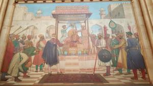 William Rothenstein’s painting (height 304.8 cm X width 442 cm) in a key section of the UK parliament depicting first British ambassador Thomas Roe in Mughal emperor Jahangir’s court in 1616.(HT Photo) William Rothenstein’s painting (height 304.8 cm X width 442 cm) in a key section of the UK parliament depicting first British ambassador Thomas Roe in Mughal emperor Jahangir’s court in 1616.(HT Photo)