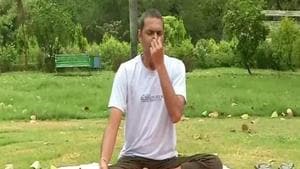 People practising yoga in Lodhi Garden, Delhi.(ANI)