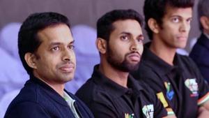 Pullela Gopichand along with HS Prannoy and Ajay Jayaram.(PTI) Pullela Gopichand along with HS Prannoy and Ajay Jayaram.(PTI)