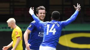 Soccer Football - Premier League - Watford v Leicester City - Vicarage Road, Watford, Britain - June 20, 2020 Leicester City's Ben Chilwell celebrates scoring their first goal with Kelechi Iheanacho as play resumes behind closed doors following the outbreak of the coronavirus disease (COVID-19)(REUTERS) Soccer Football - Premier League - Watford v Leicester City - Vicarage Road, Watford, Britain - June 20, 2020 Leicester City's Ben Chilwell celebrates scoring their first goal with Kelechi Iheanacho as play resumes behind closed doors following the outbreak of the coronavirus disease (COVID-19)(REUTERS)