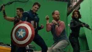 Joss Whedon and the Avengers cast goof off on the set of the first film. Joss Whedon and the Avengers cast goof off on the set of the first film.