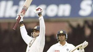 Sourav Ganguly celebrates his hundred as Rahul Dravid looks on. File image.(Getty) Sourav Ganguly celebrates his hundred as Rahul Dravid looks on. File image.(Getty)