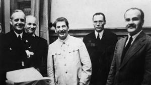 In this file photo taken on August 23, 1939 German Nazi Foreign Minister Joachim Von Ribbentrop (L), German Under State Secretary Friedrich Gaus, Soviet head of state Joseph Stalin (3rd) and his Foreign Minister Vyacheslav Molotov (R) pose in the Kremlin in Moscow after signing the Soviet-German Non-Aggression Pact, or Treaty of Non-aggression between Germany and the Union of Soviet Socialist Republics, making the outbreak of a European war virtually inevitable. After the ceremony, Stalin proposed a toast: In this file photo taken on August 23, 1939 German Nazi Foreign Minister Joachim Von Ribbentrop (L), German Under State Secretary Friedrich Gaus, Soviet head of state Joseph Stalin (3rd) and his Foreign Minister Vyacheslav Molotov (R) pose in the Kremlin in Moscow after signing the Soviet-German Non-Aggression Pact, or Treaty of Non-aggression between Germany and the Union of Soviet Socialist Republics, making the outbreak of a European war virtually inevitable. After the ceremony, Stalin proposed a toast: