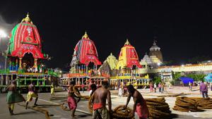 Workers preparing to pull the three chariots of Lord Jagannath and his two siblings —Balabhadra and Subhadra(PTI) Workers preparing to pull the three chariots of Lord Jagannath and his two siblings —Balabhadra and Subhadra(PTI)