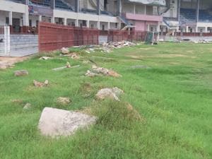 Even before the country went into the lockdown due to the corona virus in March, the prestigious KD Singh ‘Babu’ Stadium in Lucknow has been seeing the fitting of the ‘iron grills’ on the boundary since then. Presently, it looks in a bad shape with plenty of broken piece of stones lying in an unorganized manner inside the ground, making things difficult for the morning walkers and sportspersons now days.(HT) Even before the country went into the lockdown due to the corona virus in March, the prestigious KD Singh ‘Babu’ Stadium in Lucknow has been seeing the fitting of the ‘iron grills’ on the boundary since then. Presently, it looks in a bad shape with plenty of broken piece of stones lying in an unorganized manner inside the ground, making things difficult for the morning walkers and sportspersons now days.(HT)