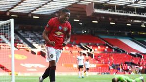 Soccer Football - Premier League - Manchester United v Sheffield United - Old Trafford, Manchester, Britain - June 24, 2020 Manchester United's Anthony Martial celebrates scoring their third goal to complete his hat-trick.(REUTERS) Soccer Football - Premier League - Manchester United v Sheffield United - Old Trafford, Manchester, Britain - June 24, 2020 Manchester United's Anthony Martial celebrates scoring their third goal to complete his hat-trick.(REUTERS)