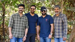 Ajay Devgn with RRR’s core team including SS Rajamouli, Ram Charan and Jr NTR. Ajay Devgn with RRR’s core team including SS Rajamouli, Ram Charan and Jr NTR.
