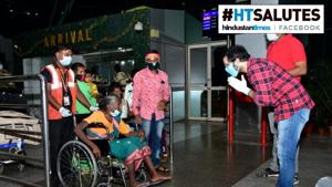 Sabyasachi Mishra welcomes the partially paralysed mother of an Odia migrant worker whom he flew out from Bangalore, in Bhubaneswar, Odisha.(Sabyasachi Mishra) Sabyasachi Mishra welcomes the partially paralysed mother of an Odia migrant worker whom he flew out from Bangalore, in Bhubaneswar, Odisha.(Sabyasachi Mishra)