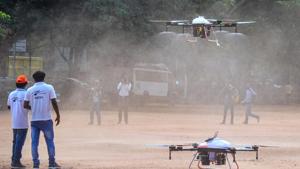 Bengaluru: Health officials use drones to sanitize an area in the wake of coronavirus pandemic, in Bengaluru, Saturday, June 27, 2020. (PTI Photo/Shailendra Bhojak)(PTI27-06-2020_000228B)(PTI) Bengaluru: Health officials use drones to sanitize an area in the wake of coronavirus pandemic, in Bengaluru, Saturday, June 27, 2020. (PTI Photo/Shailendra Bhojak)(PTI27-06-2020_000228B)(PTI)