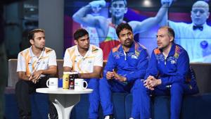 Boxer Amit Panghal, boxer Manish Kaushik, coach CS Kutappa and coach Santiago Nieva during an interview with Hindustan Times, at HT House.(Raj K Raj/HT PHOTO) Boxer Amit Panghal, boxer Manish Kaushik, coach CS Kutappa and coach Santiago Nieva during an interview with Hindustan Times, at HT House.(Raj K Raj/HT PHOTO)